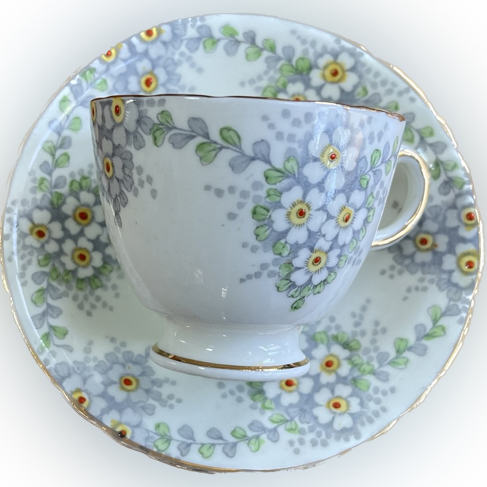🎈2/$30 - DELPHINE Fine Bone China TEACUP & SAUCER. Daisies pattern and gold rim